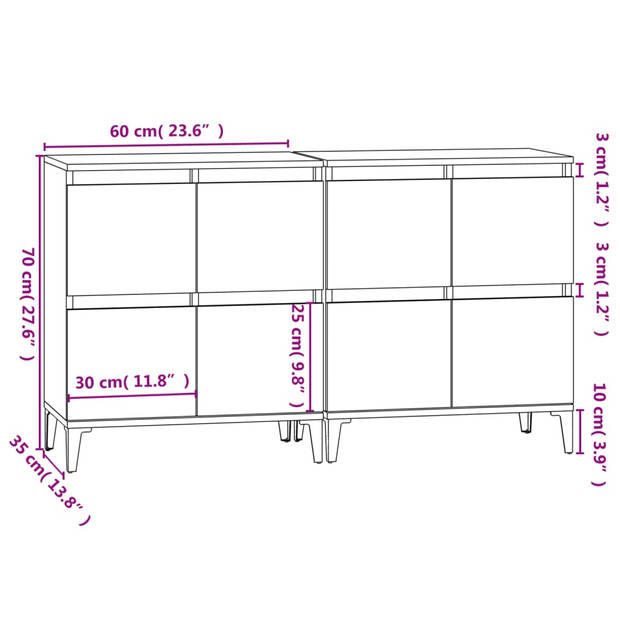 vidaXL Dressoirs 2 st 60x35x70 cm bewerkt hout gerookt eikenkleurig