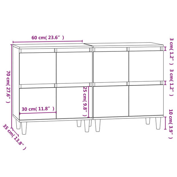 vidaXL Dressoirs 2 st 60x35x70 cm bewerkt hout zwart