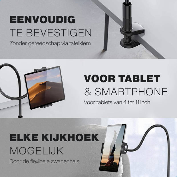 LURK® Tablethouder flexibel en verstelbaar - Telefoonhouder Ergonomisch – 70cm lang - 4 tot 11 inch – Universeel - Zwart