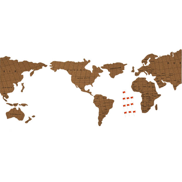 Prikbord wereldkaart met 30x punaise vlaggetjes - 100 x 45 cm - kurk - Prikborden