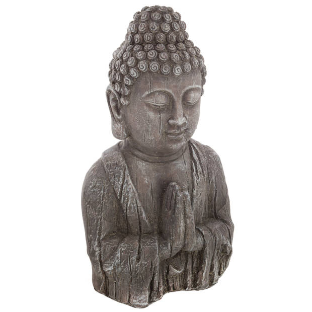 Atmosphera Boeddha hoofd beeld biddend - binnen/buiten - kunststeen - oud hout look - 50 cm - Beeldjes
