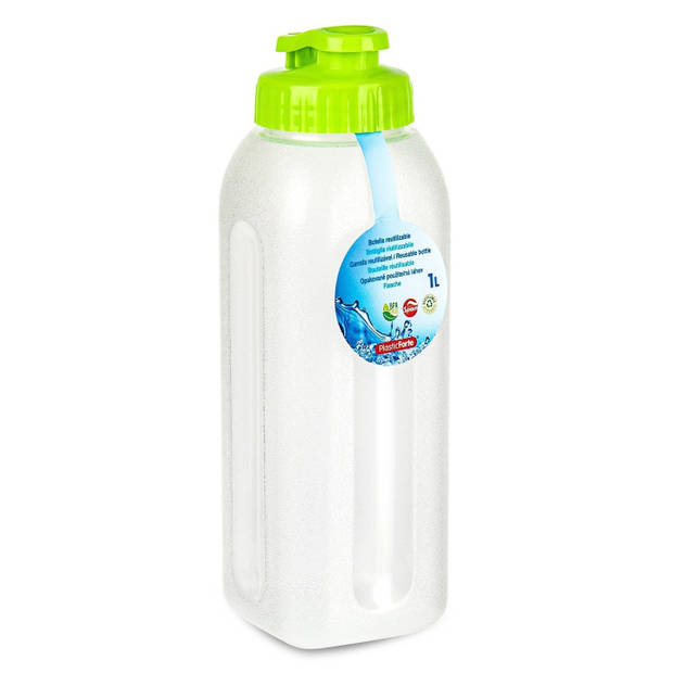 PlasticForte Waterfles/bidon - 2x - 1000 ml - transparant/groen - kunststof - Drinkflessen
