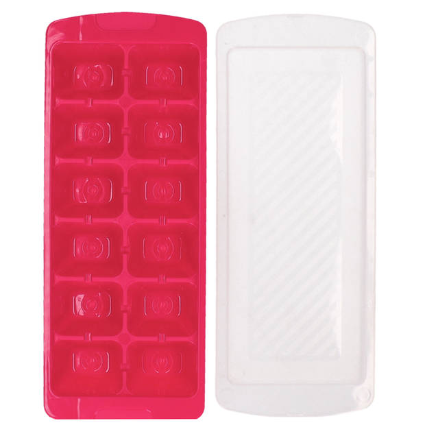 IJsblokjes/ijsklontjes bakje - 3x - roze - afsluitdeksel - kunststof - 28 x 11 cm - IJsblokjesvormen