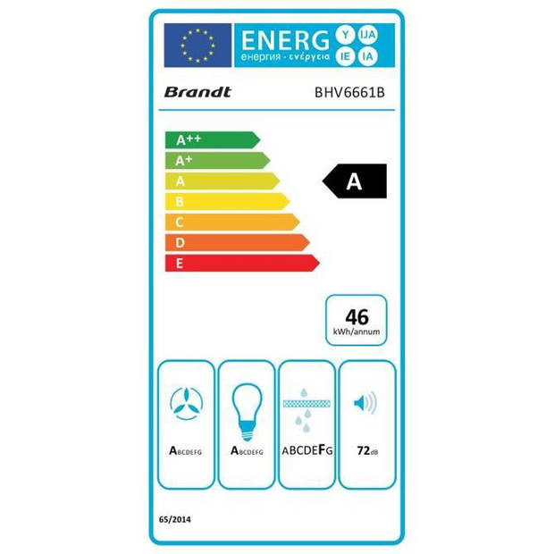 BRANDT BHV6661B muurkap - Evacuatie / recycling - 524m3 lucht / h-61dB - 3 snelheden - L 60cm - Zwart