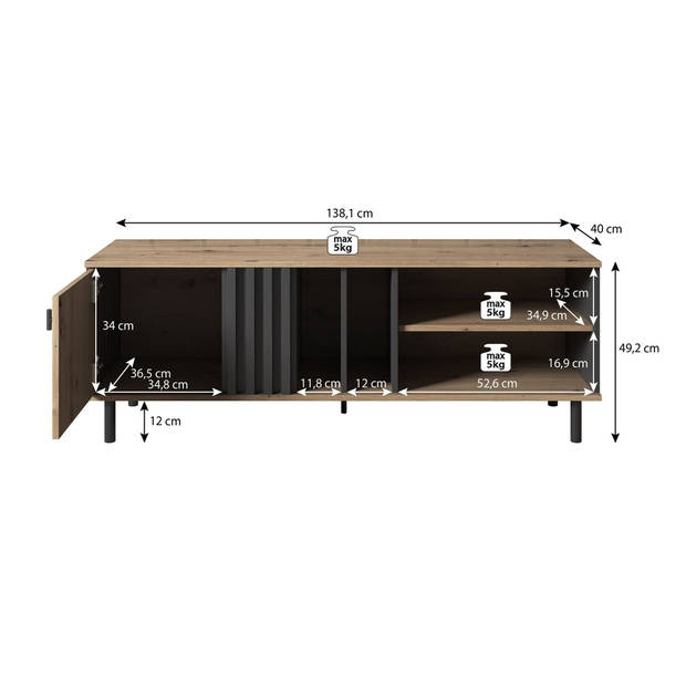 Meubella TV-Meubel Marcos - Eiken - Antraciet - 138 cm