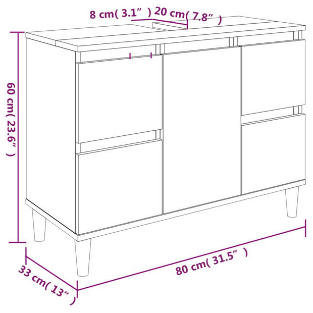 vidaXL Wastafelkast 80x33x60 cm bewerkt hout betongrijs