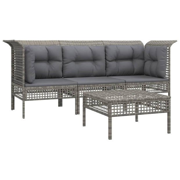 vidaXL 4-delige Loungeset met kussens poly rattan grijs