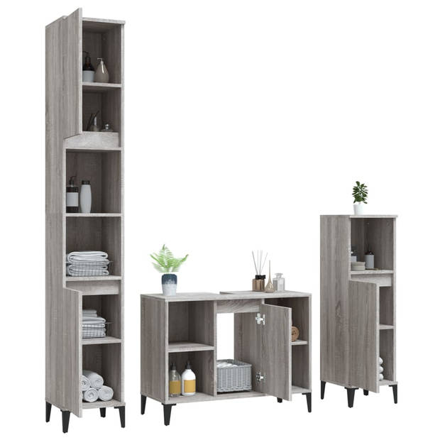 The Living Store Badmeubelset - Grijs sonoma eiken - 80x33x60 cm - Duurzaam hout - Veel opbergruimte - Metalen voeten