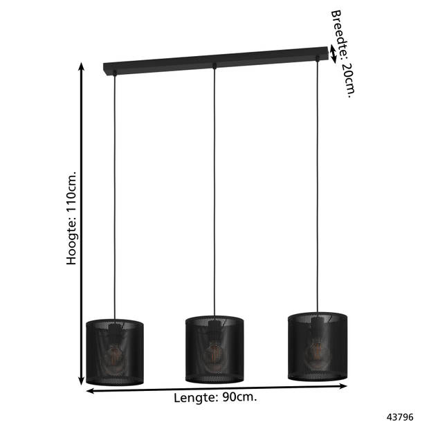 EGLO Manby Hanglamp - E27 - 90 cm - Zwart - Staal