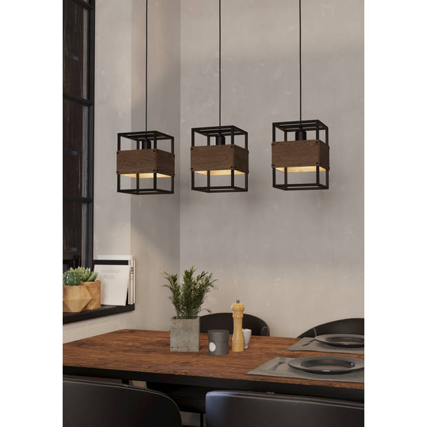 EGLO Evesham Hanglamp - E27 - 89,5 cm - Zwart/Bruin - Staal/Hout