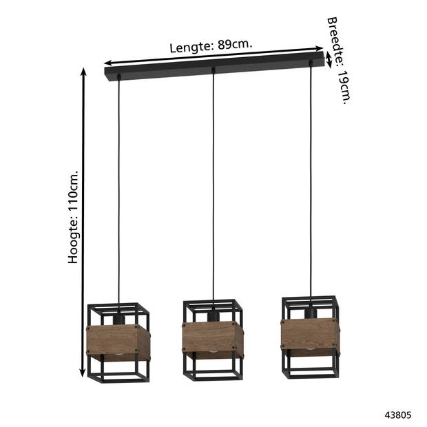 EGLO Evesham Hanglamp - E27 - 89,5 cm - Zwart/Bruin - Staal/Hout