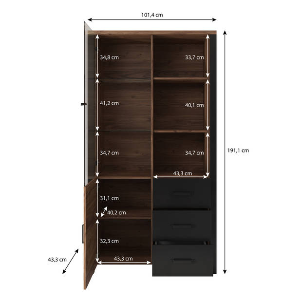 Meubella Vitrinekast Olivia - Zwart - Eiken - 101 cm - Hoog