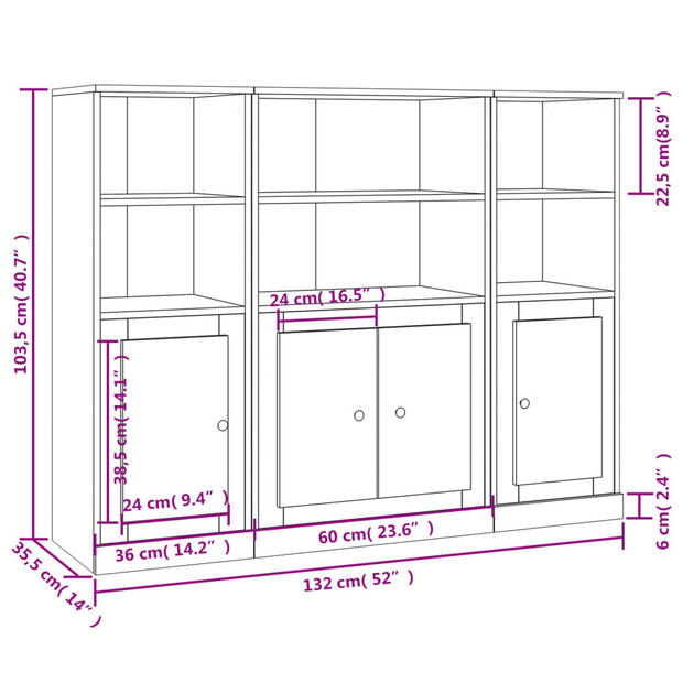 vidaXL Hoge kasten 3 st bewerkt hout wit