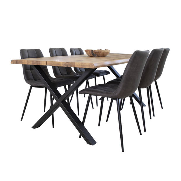 Tony eethoek , 1 eetkamertafel en 6 eetkamerstoelen, donker grijs en eik.