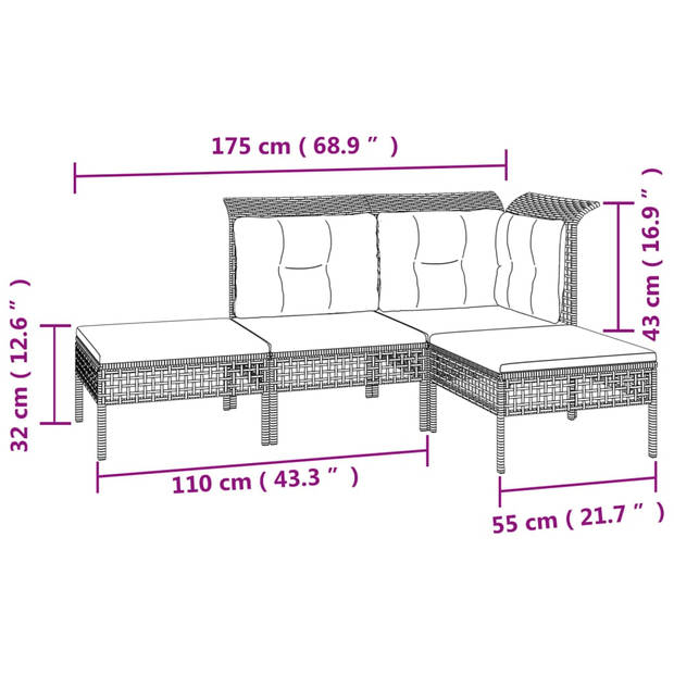 The Living Store Loungeset Poly Rattan - Grijs - Modulair ontwerp - Weerbestendig - Stevig frame