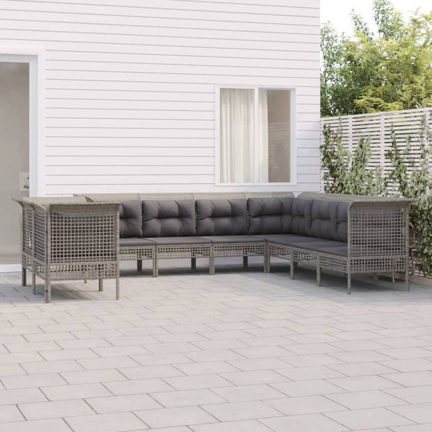 vidaXL 9-delige Loungeset met kussens poly rattan grijs