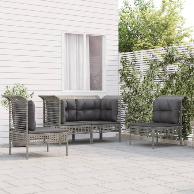 vidaXL 4-delige Loungeset met kussens poly rattan grijs