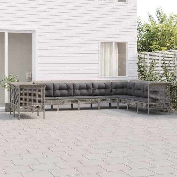 vidaXL 10-delige Loungeset met kussens poly rattan grijs