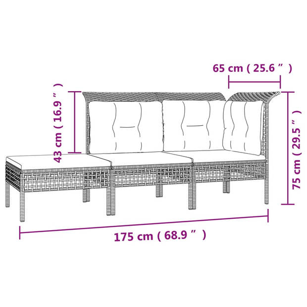 The Living Store Loungeset Poly Rattan - Grijs - Modulair ontwerp - Weerbestendig - Stevig frame