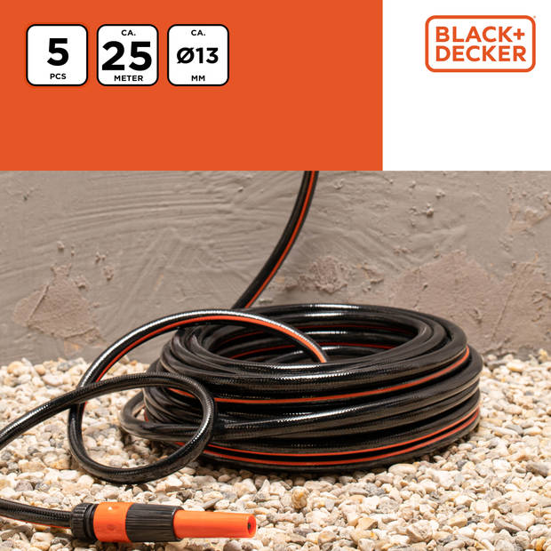 BLACK+DECKER Tuinslang met Koppelingen - Tuinslang Koppelingen Set 5 Stuks - 25 Meter - Zwart/Oranje