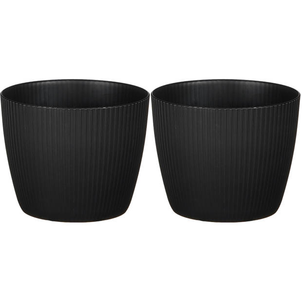 2x stuks plantenpot/bloempot kunststof zwart ribbels patroon - D16/H16 cm - Plantenpotten