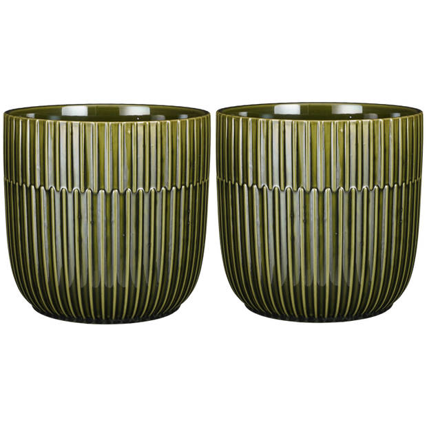 2x Stuks Plantenpot/bloempot keramiek glans donkergroen stripes patroon - D19/H18 cm - Plantenpotten