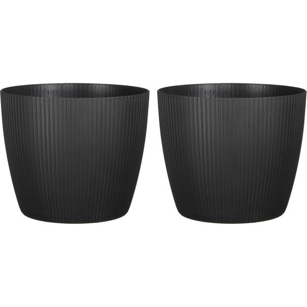 Set van 2x stuks plantenpot/bloempot kunststof zwart ribbels patroon - D25 x H21 cm - Plantenpotten