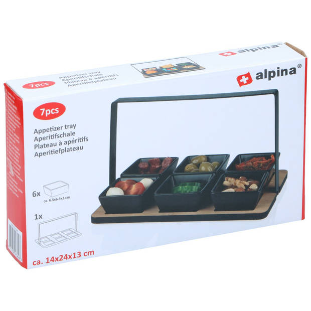 Alpina serveerplank - 6x schaaltjes - bamboe/aardewerk - L24 cm - Serveerplanken