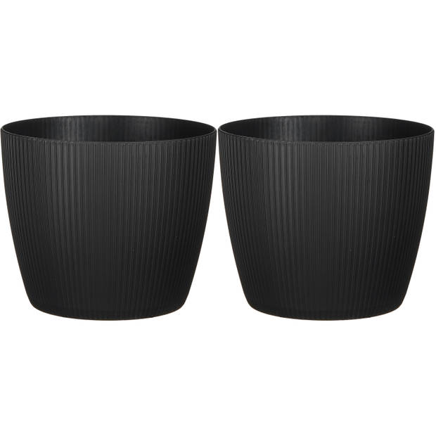 2x stuks plantenpot/bloempot kunststof zwart ribbels patroon - D20/H17 cm - Plantenpotten