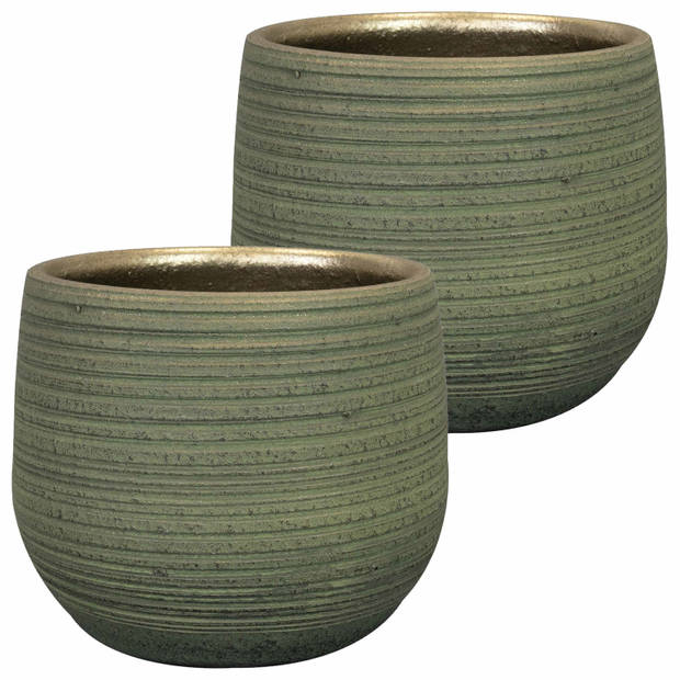 2x stuks plantenpot/bloempot keramiek donkergroen stripes relief - D18/H16 cm - Plantenpotten