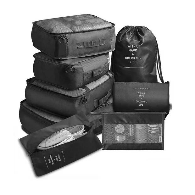 MM Brands Packing Cubes Set 9-delig - Koffer Organizer Set - Compression Cube - Kleding organizer voor koffers - Zwart