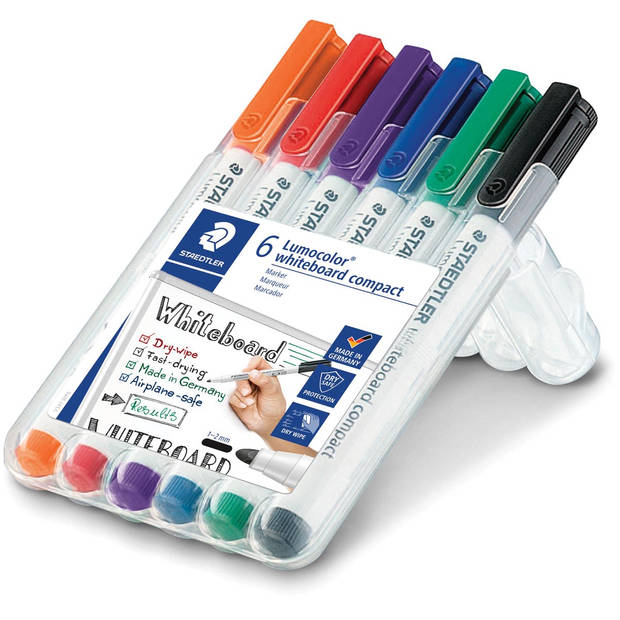Staedtler whiteboardmarker Lumocolor Compact, opstelbare box met 6 stuks in geassorteerde kleuren 10 stuks