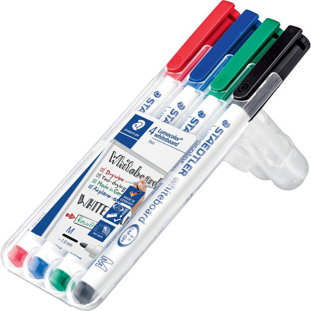 Staedtler whiteboard pen Lumocolor Pen, opstelbare box met 4 stuks in geassorteerde kleuren 10 stuks