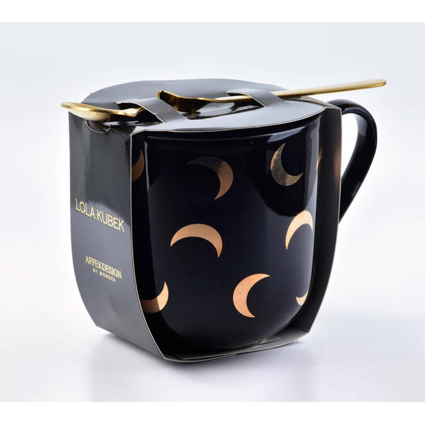 Affekdesign Lola Moon porseleinen mok met gouden maan patroon en lepel 480ml zwart