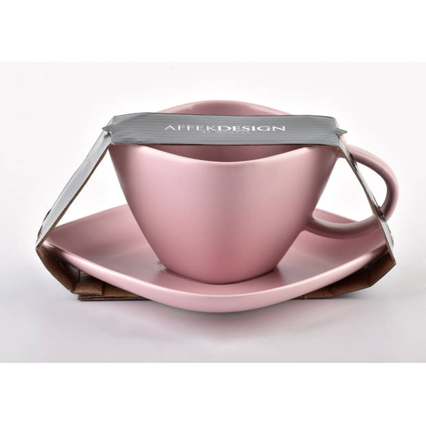 Affekdesign Happy koffie of thee kop met schotel diamant vormig 200 ml roze