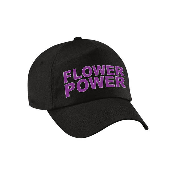 Paarse letters flower power verkleed pet/cap zwart volwassenen - Verkleedhoofddeksels