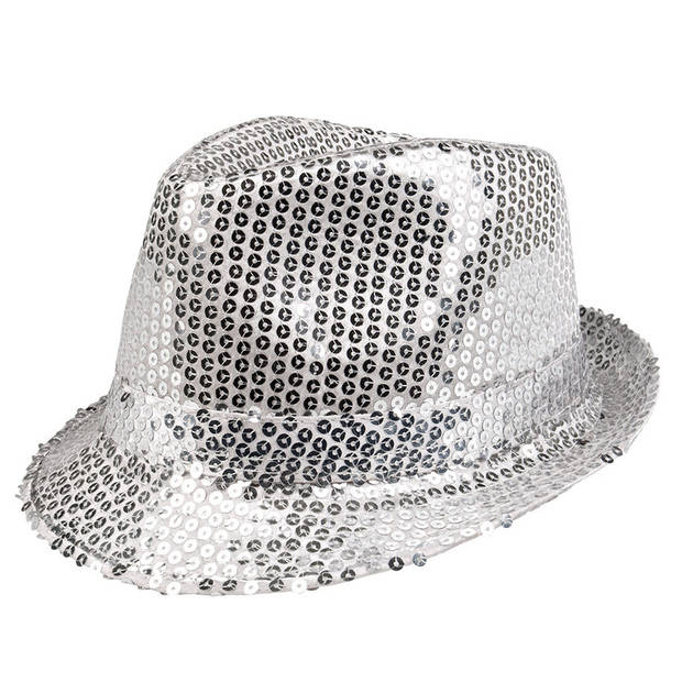 2x Stuks Trilby hoeden met pailletten - zilver - glitter - Verkleedhoofddeksels