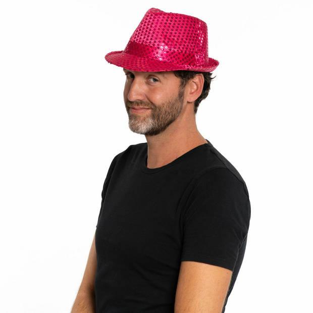 Trilby hoed met pailletten - roze - glitter - Verkleedhoofddeksels