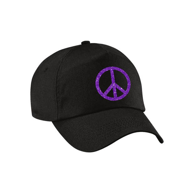 Paars glitter peace teken verkleed pet/cap zwart volwassenen - Verkleedhoofddeksels