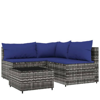 vidaXL 4-delige Loungeset met kussens poly rattan grijs