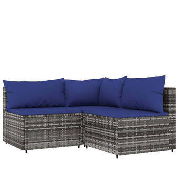 The Living Store Loungeset Toscane - Hoekbank 63x63x57.5cm - Middenbank 63x63x57.5cm - Grijs - Donkerblauwe kussens