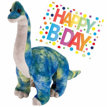 Pluche knuffel Dino Brachiosaurus van 25 cm met A5-size Happy Birthday wenskaart - Knuffeldier