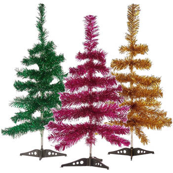 Set van 3x kleine glitter folie kerstbomen 60 cm - Diverse kleuren - Kunstkerstboom