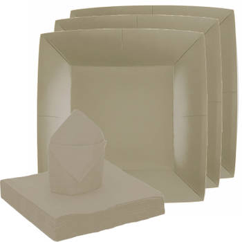 Santex servies set karton - 10x bordjes/25x servetten - taupe/beige - Feestbordjes