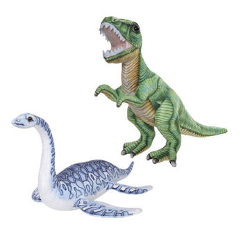 Speelgoed set van 2x pluche dino knuffels T-Rex en Plesiosaurus van 30 cm - Knuffeldier