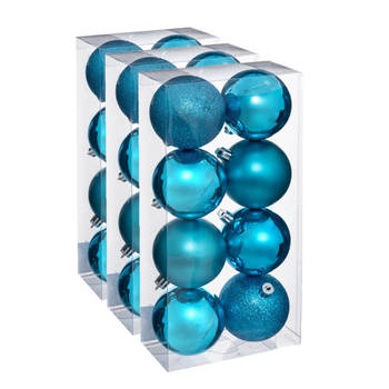 24x stuks kerstballen turquoise blauw glans en mat kunststof 7 cm - Kerstbal