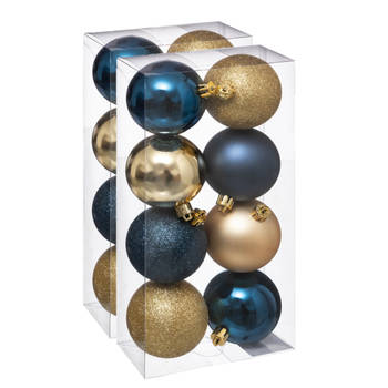 16x stuks kerstballen mix blauw/champagne glans en mat kunststof 7 cm - Kerstbal