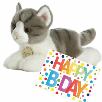 Pluche knuffel kat/poes grijs/witte 20 cm met A5-size Happy Birthday wenskaart - Knuffel huisdieren