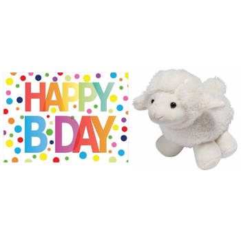 Pluche knuffel lammetje/schaap 16 cm met A5-size Happy Birthday wenskaart - Knuffel boederijdieren