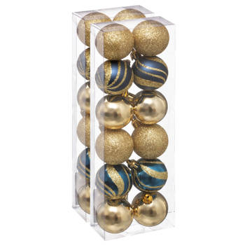 24x stuks kerstballen mix goud/blauw glans/mat/glitter kunststof 4 cm - Kerstbal
